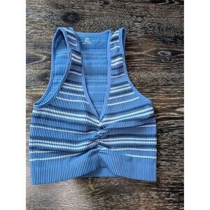 Aerie Crop Top Womens XS Blue White Ribbed Stripe Ruched Stretch‎ Tank Athletic